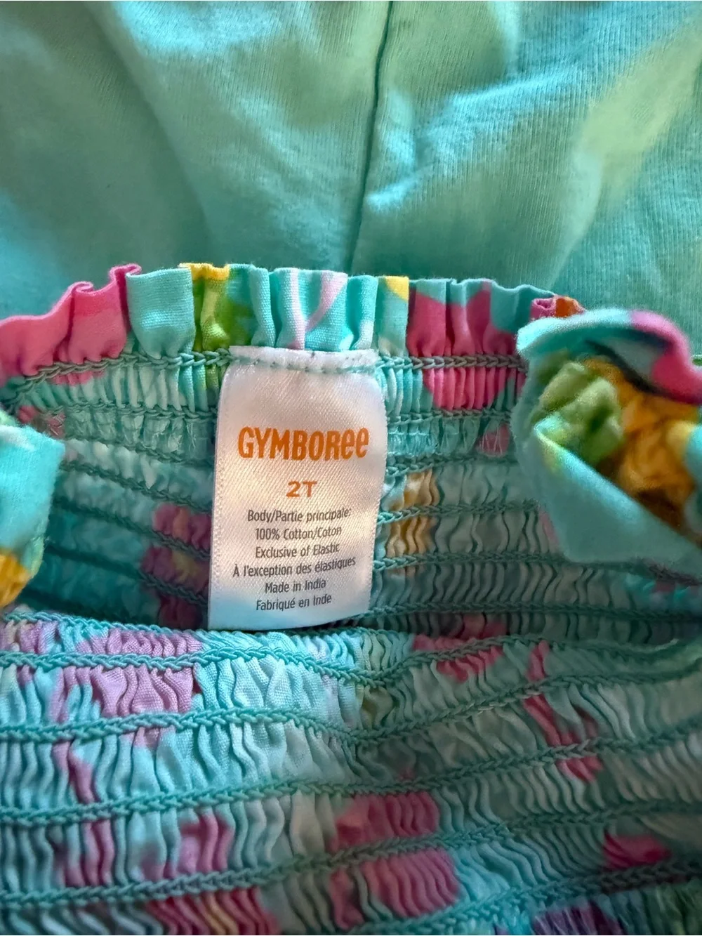 Gymboree Turquoise Pink Yellow Smocked Shirt with Floral Trim w/ matching pants